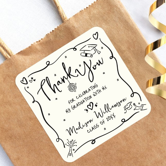 Adesivo Quadrado Cream Black Hand Drawn Doodle Graduation Thank You (Criador carregado)