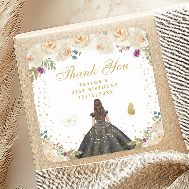 Adesivo Quadrado Cream Floral Brunette Hair Princess Festa de anive (Criador carregado)