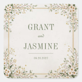 Adesivo Quadrado Cream White Dogwood Sage Gold Frame Wedding