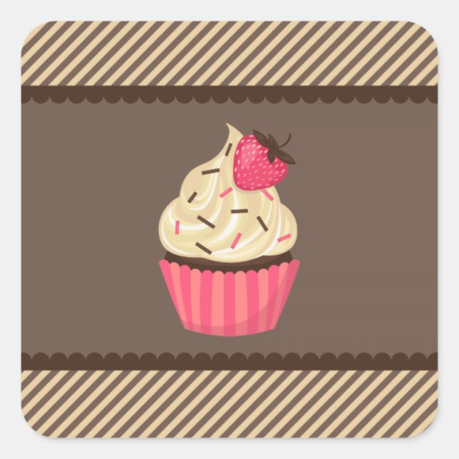 Adesivo Quadrado Creme cor-de-rosa Castanho Stripes Cupcake Moranho (Frente)