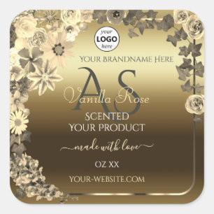 Adesivo Quadrado Creme Dourado Floral Rótulos de produto Monograma
