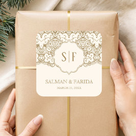 Adesivo Quadrado Creme Dourado Lace Monograma Favor de Casamento