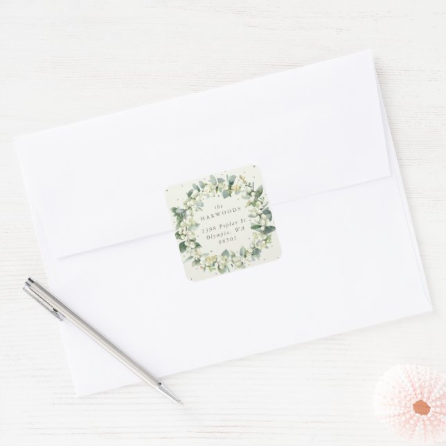 Adesivo Quadrado Creme Elegante Snowberry+Eucalyptus Wreath Endereç (Envelope)