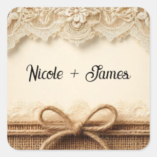 Adesivo Quadrado Creme Renda Floral em Crochê Linho Marrom Casament