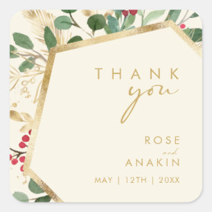 Adesivo Quadrado Creme Verde de Natal Moderno Obrigado Casamento