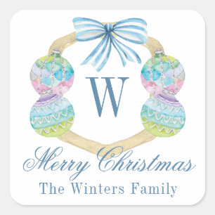 Adesivo Quadrado Crest do Monograma do Enfeites de natal de Aquarel