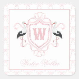Adesivo Quadrado Crest Monograma Arco Cegonha Rosa Aquarela