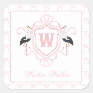 Adesivo Quadrado Crest Monograma Arco Cegonha Rosa Aquarela