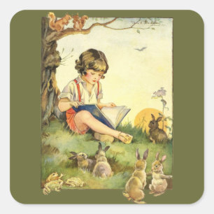 Adesivo Quadrado Criança Antiga Lendo para Coelhos da Floresta