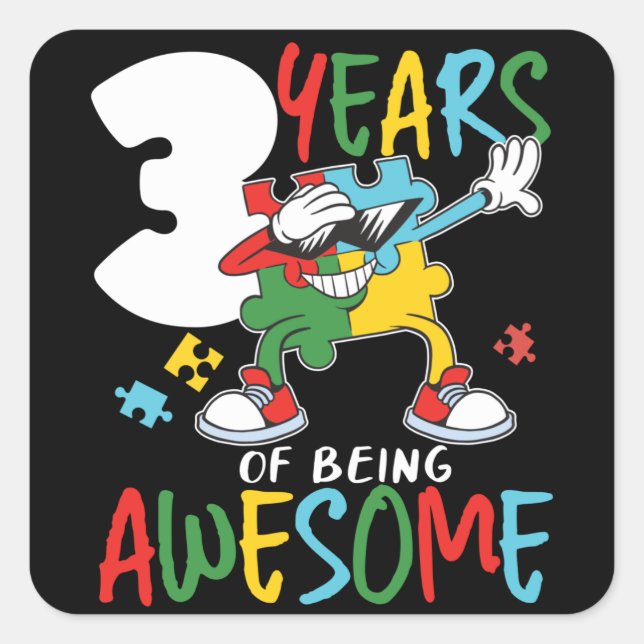 Adesivo Quadrado Criança De 3 Anos De Aniversário Ou Sensibilização (Frente)