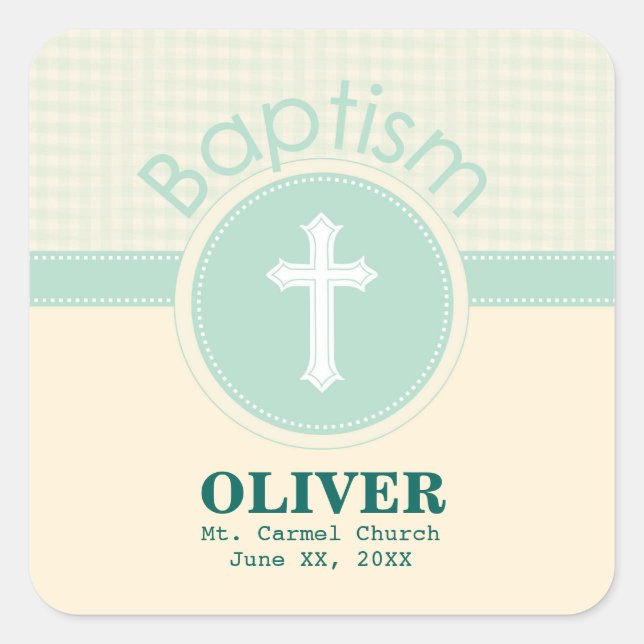 Adesivo Quadrado Criança de Deus, Batismo, Sexo Verde Neutro (Frente)