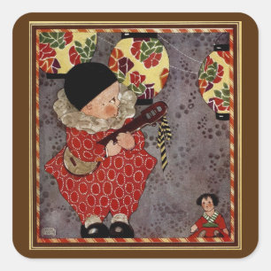 Adesivo Quadrado Criança Vintage Arlequim, Músico Tocando Banjo