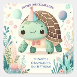Adesivo Quadrado Crianças animadas Festa de aniversário de tartarug