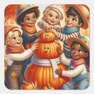 Adesivo Quadrado Crianças bonitas de Halloween fazem chupa-chupa de