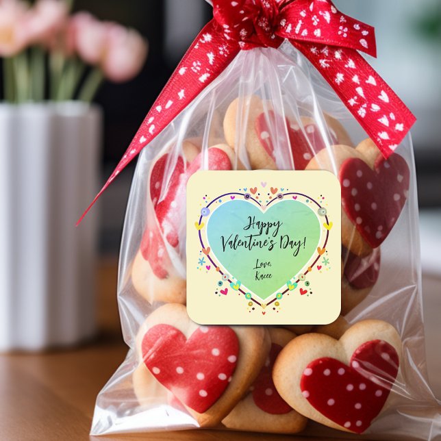 Adesivo Quadrado Crianças Bonitas Dias de os namorados Coração (Cute Kids Valentines Heart Square Sticker)