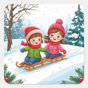 Adesivo Quadrado Crianças Deslizando Juntas em um Natal Nevado