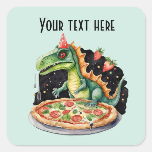 Adesivo Quadrado Crianças legal, festas de pizza de dinossauro adic