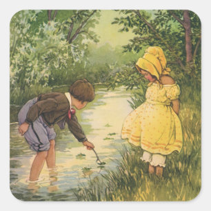 Adesivo Quadrado Crianças, menino e menina do vintage jogando pela