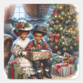Adesivo Quadrado Crianças Vintage Abrindo Presentes De Natal