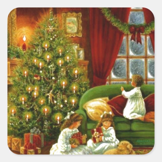 Adesivo Quadrado Crianças Vintage Abrindo presentes de Natal (Frente)