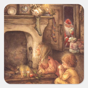 Adesivo Quadrado Crianças Vintage Esperando Papai Noel