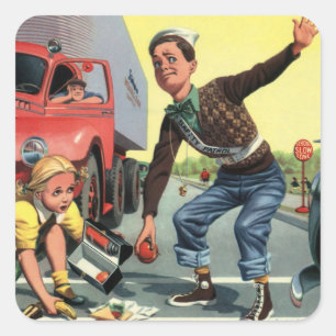 Adesivo Quadrado Crianças Vintage, Menina Auxiliante da Patrulha de