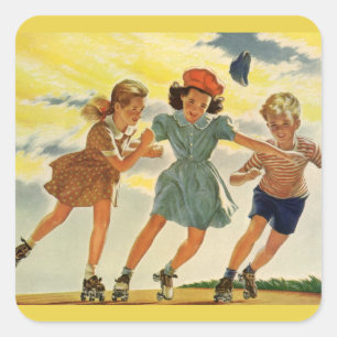 Adesivo Quadrado Crianças Vintage, Meninas Divertidas Roda