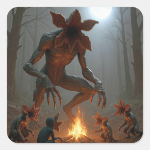 Adesivo Quadrado Criaturas Demogorgon em torno de uma fogueira