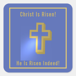 Adesivo Quadrado Cristo é Risen Blue Dourado, Páscoa religiosa