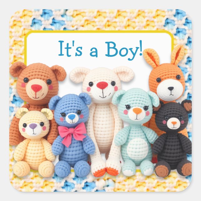 Adesivo Quadrado Crocheted Stuffed Animals | It's a Boy (Frente)