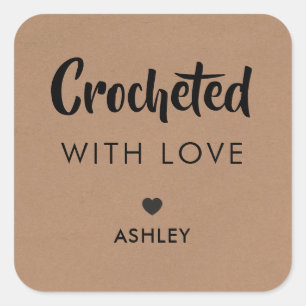 Adesivo Quadrado Crocheted with Love, Handmade Gift Tag, Kraft
