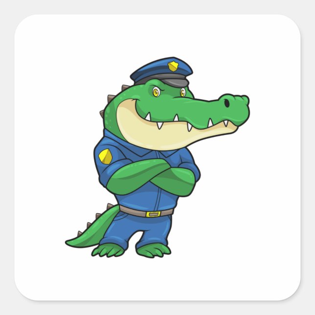 Adesivo Quadrado Crocodilo como agente da polícia com uniforme (Frente)