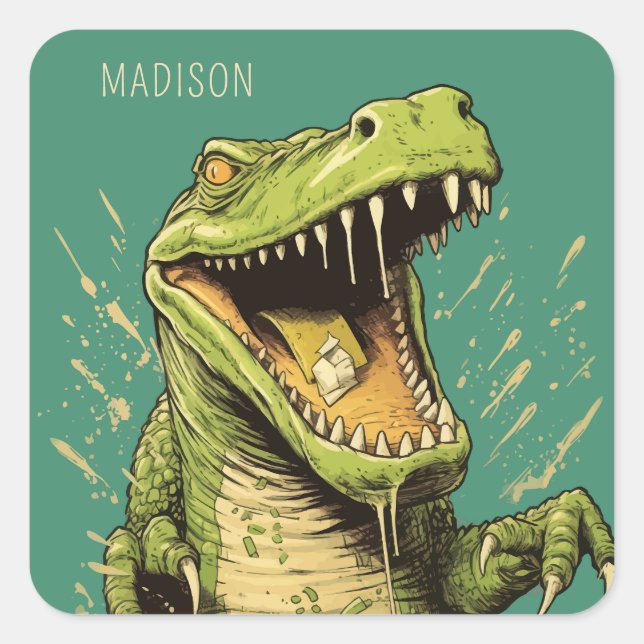Adesivo Quadrado Crocodilo de Nome Personalizado (Frente)