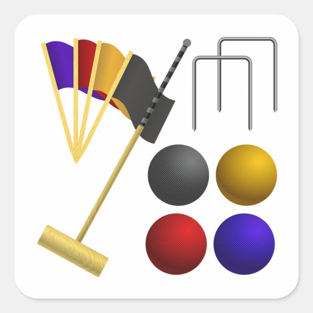 Adesivo Quadrado Croquet Equipment Set Mallet Balls Hoops (Frente)