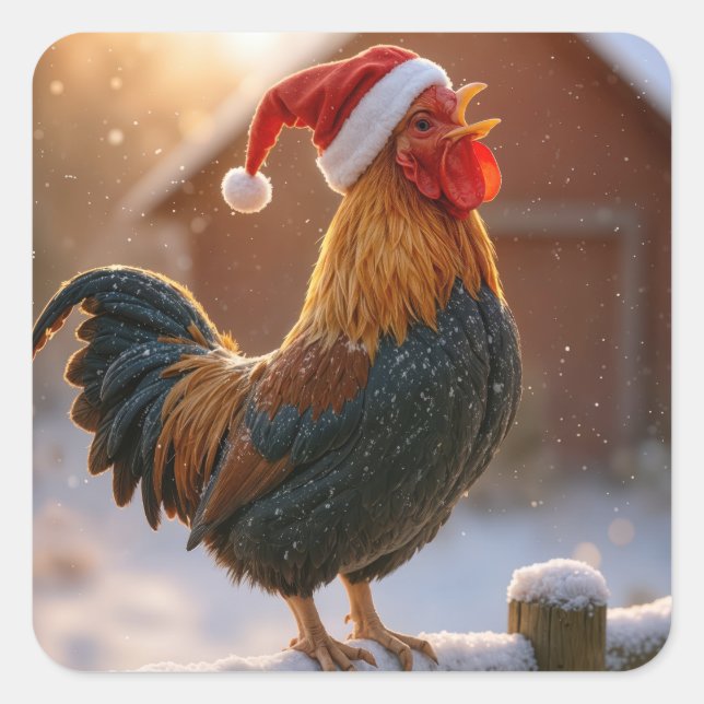 Adesivo Quadrado Crowing Christmas Rooster Wearing a Santa Hat (Frente)
