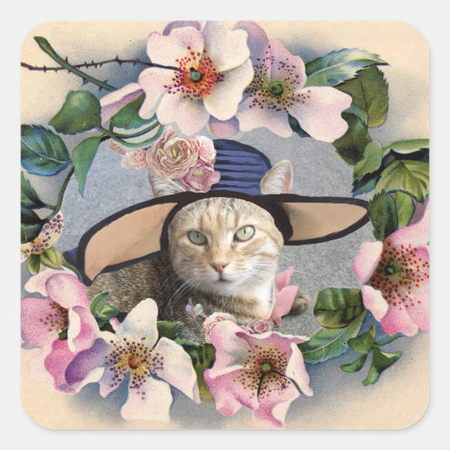 ADESIVO QUADRADO CROWN FLORAL, MODELO DE FOTO DE GATO DE TATUS ROSA (Frente)