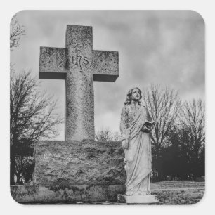 Adesivo Quadrado Crucifixo e anjo em preto e branco