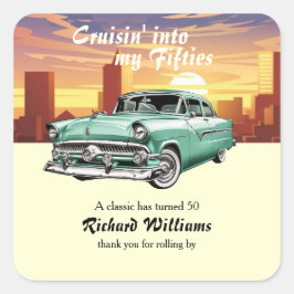 Adesivo Quadrado Cruising Classic Retro Car City 50th Birthday