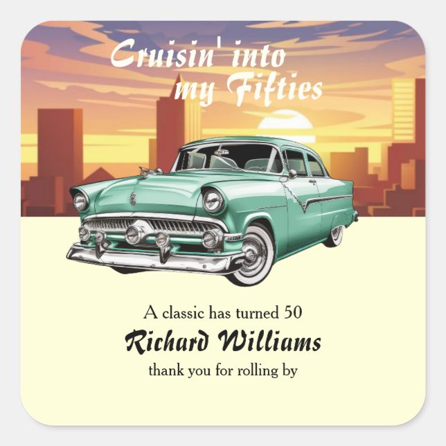 Adesivo Quadrado Cruising Classic Retro Car City 50th Birthday (Frente)