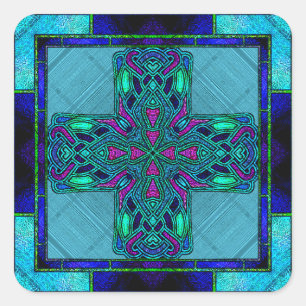 Adesivo Quadrado Cruz Celta em Vidro Colorido Azul e Aquamarine