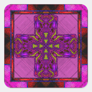 Adesivo Quadrado Cruz Celta em Vidro Colorido Rosa e Roxo