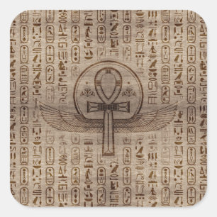 Adesivo Quadrado Cruz egípcia - Ankh - textura de madeira