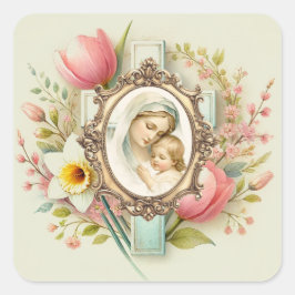 Adesivo Quadrado Cruz Floral Religiosa Primavera Maria Jesus