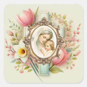 Adesivo Quadrado Cruz Floral Religiosa Primavera Maria Jesus