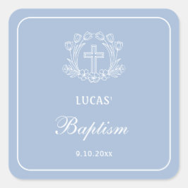Adesivo Quadrado Cruz Floral Simples no Batismo Azul Claro