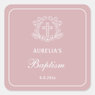 Adesivo Quadrado Cruz Floral Simples no Batismo Rosa