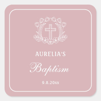 Adesivo Quadrado Cruz Floral Simples no Batismo Rosa