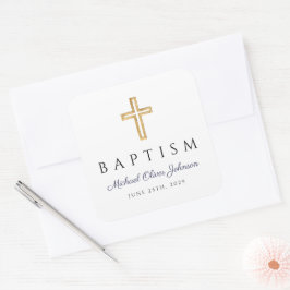 Adesivo Quadrado Cruz Religiosa Azul Marinho Script Menino Batismo
