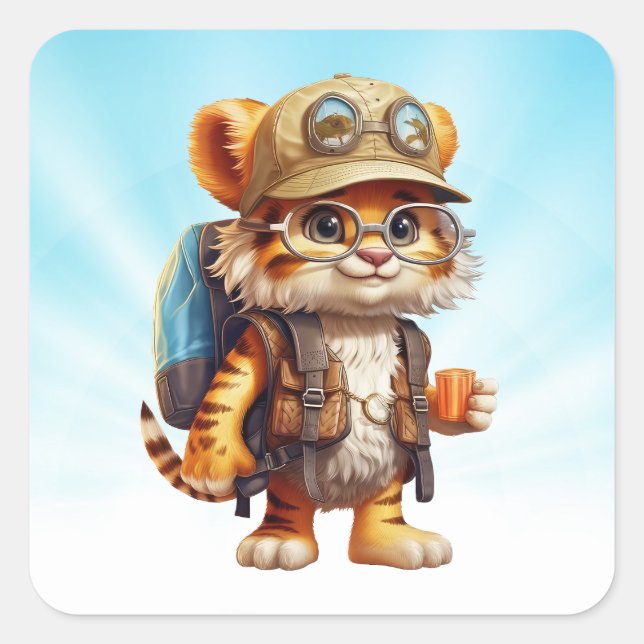 Adesivo Quadrado Cubo Joyful Tiger com mochila e café (Frente)