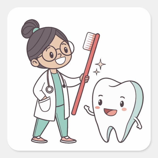 Adesivo Quadrado Cuidados dentários com dentes felizes (Frente)